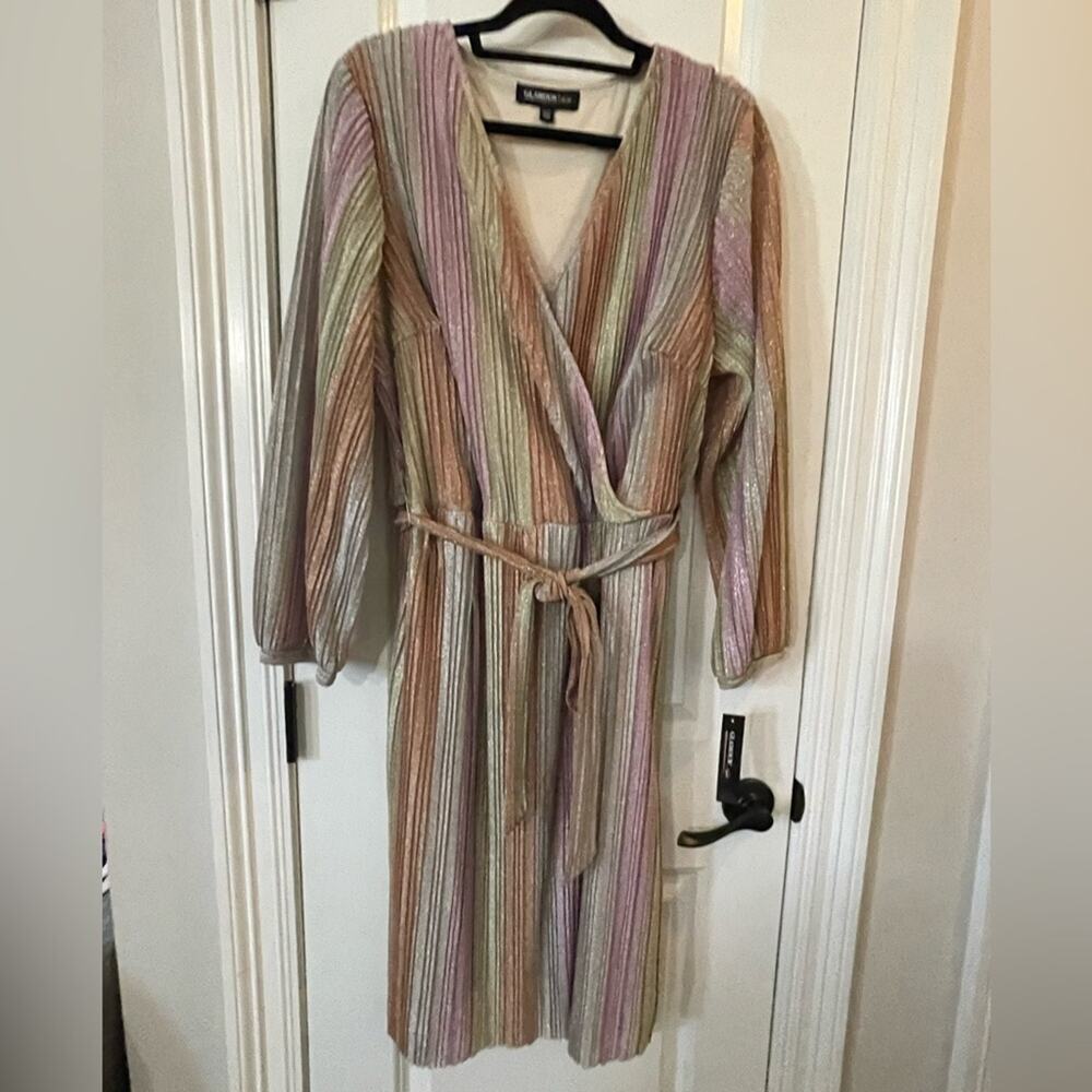 Glamour Gold and Pink Wrap Midi Dress with Bishop Sleeves